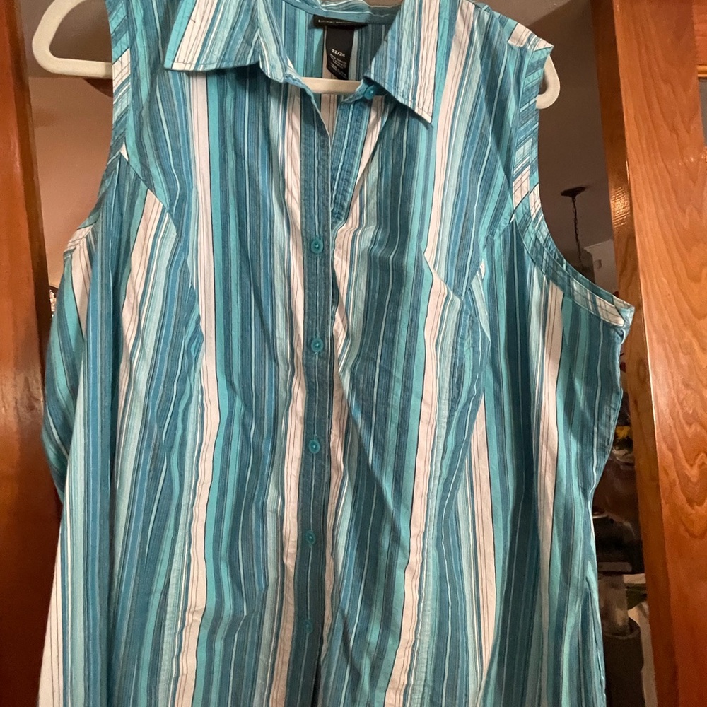 Lane Bryant Teal and White Vertical Stripe Sleeveless Button-Up